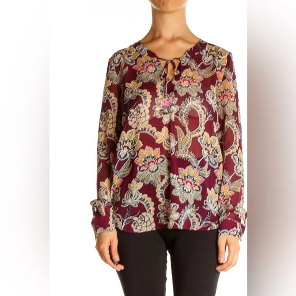 Banana Republic | Burgundy Wine Sheer Floral Bohemian Long Sleeve Blouse Size L - Picture 1 of 10